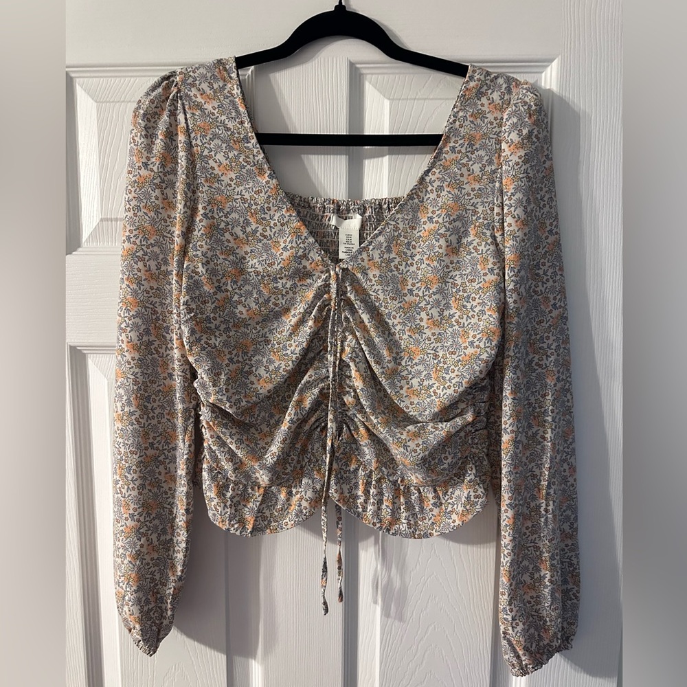 H&M Floral Ruched Blouse - Gray and Orange